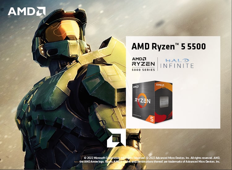 Master Chief from the Halo Series looks at a boxed Ryzen 5 5500