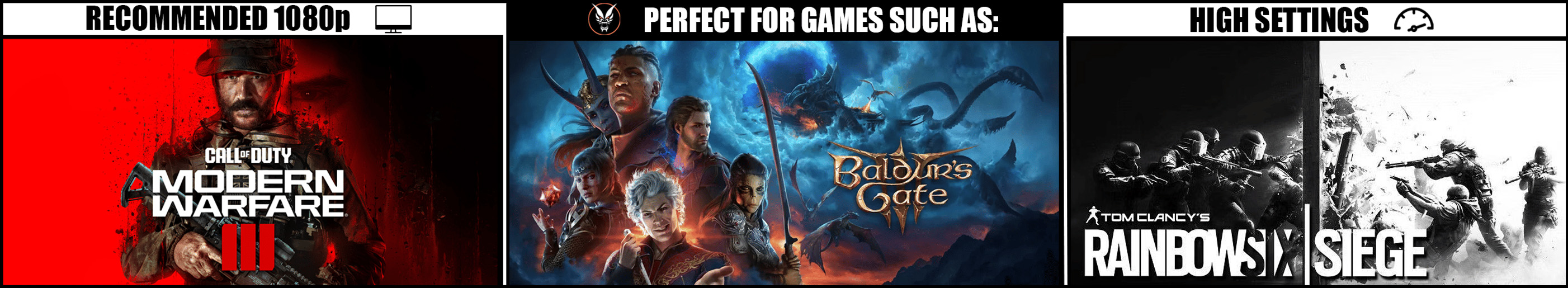 Recommended for Modern Warfare 3, Baldur's Gate and Rainbow Six Seige at 1080p High Settings