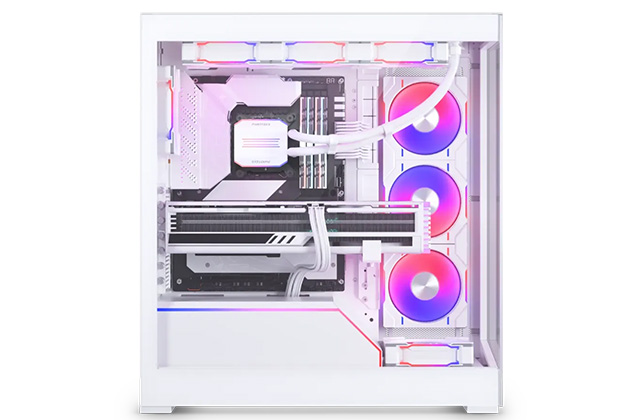 Profile view of the Phanteks NV5 White case with pink and purple RGB PC Components