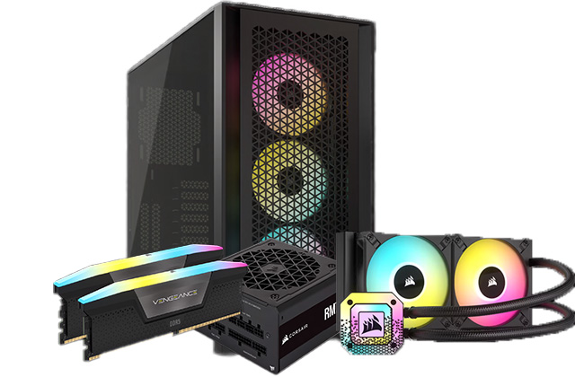 Compiled image of Corsair case, Corsair Vengeance RAM, Corsair PSU and Corsair liquid cooling