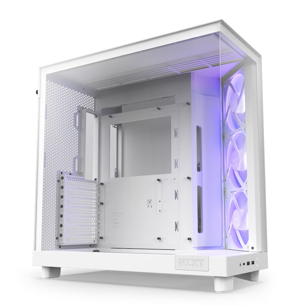 The NXZT H6 FLOW PC case is a sleek, minimalist chassis option for an all white gaming setup. Shown side on, giving a view of the wraparound glass panels and the innovative placement of the fans which are angled inwards, on the back wall