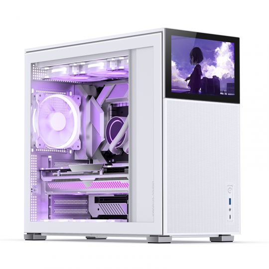 The Jonsbo D41 mesh screen ATX PC case is a great choice for a white gaming PC. Shown in a two-thirds face on profile. The visible side panel is glass, showing off the cpu, gpu, cooler and fans inside which are glowing lilac. On the front face, which is visible, there is an 8 inch LCD screen which depicts a moody looking female anime character, rendered in purples and whites