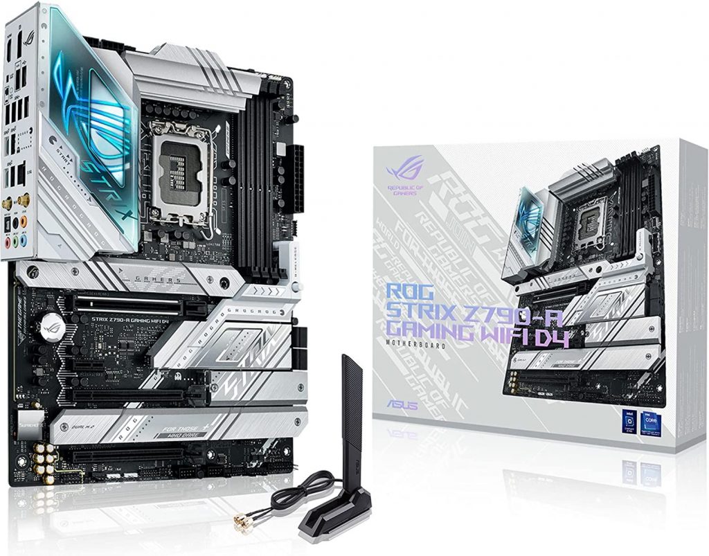 The ASUS ROG STRIX Z790-A shown with its box and adapters is a great, subtle choice for an all white PC build