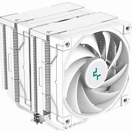 The Deepcool AK62 White Fan CPU Cooler, shown side on. the cooler is all white, so perfect for a white PC build, but also features the practical benefit of a built-in digital display