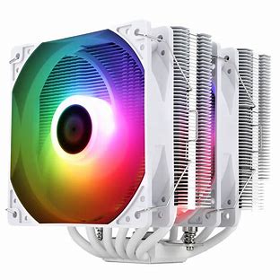 The Thermalright Peerless Assassin 120 SE White ARGB CPU Air Cooler, shown side on with the RGB fan spinning in a blur of colours. A highly efficient cooling choice for an all white gaming pc