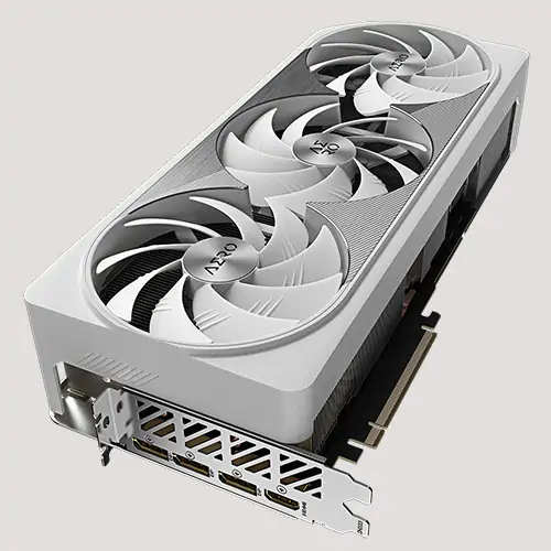 The Gigabyte GeForce RTX AERO OC graphics card, shown from a birds eye view, giving a clear look at the white casing and fans with the 'AERO' brand embossed on each fan. A sleek, white PC Component