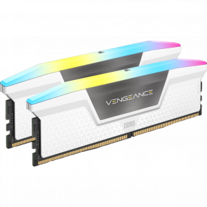 Corsair Vengeance RGB DDR5 RAM shown in all-white with RGB lighting along the top of the two RAM sticks. As well as looking great in a white PC build, Corsair RAM offers speed, stability and reliability