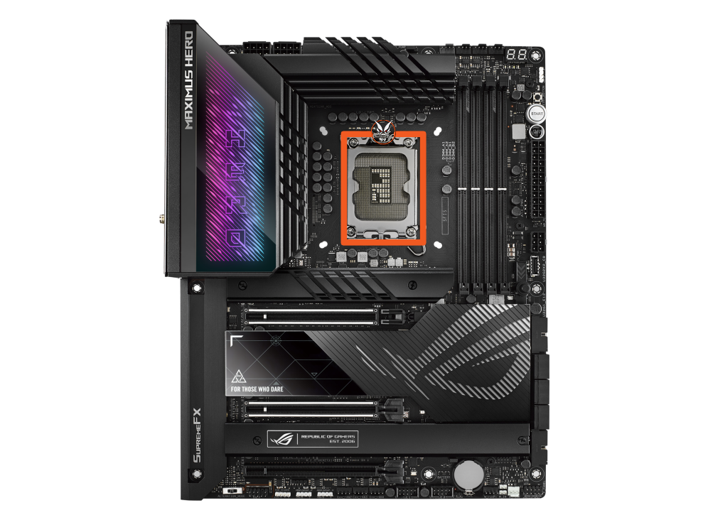 The ASUS ROG Maximus Z790 Hero motherboard, with an indicator to show where the motherboard socket is