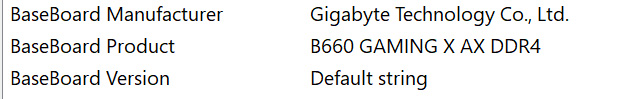 Screenshot of the System Summary dialogue box cropped to show the BaseBoard Manufacturer, BaseBoard Product and BaseBoard Version 