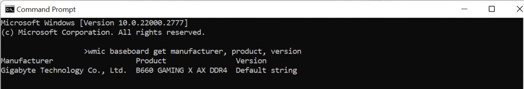 Screenshot of using the command prompt "wmic baseboard get manufacturer, product, version" to find your motherboard details