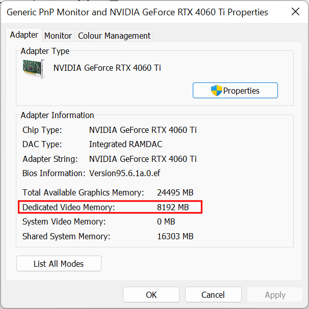 Screenshot showing how to see how much VRAM your system has. Look for 'Dedicated Video Memory'. This is how much VRAM your system has.