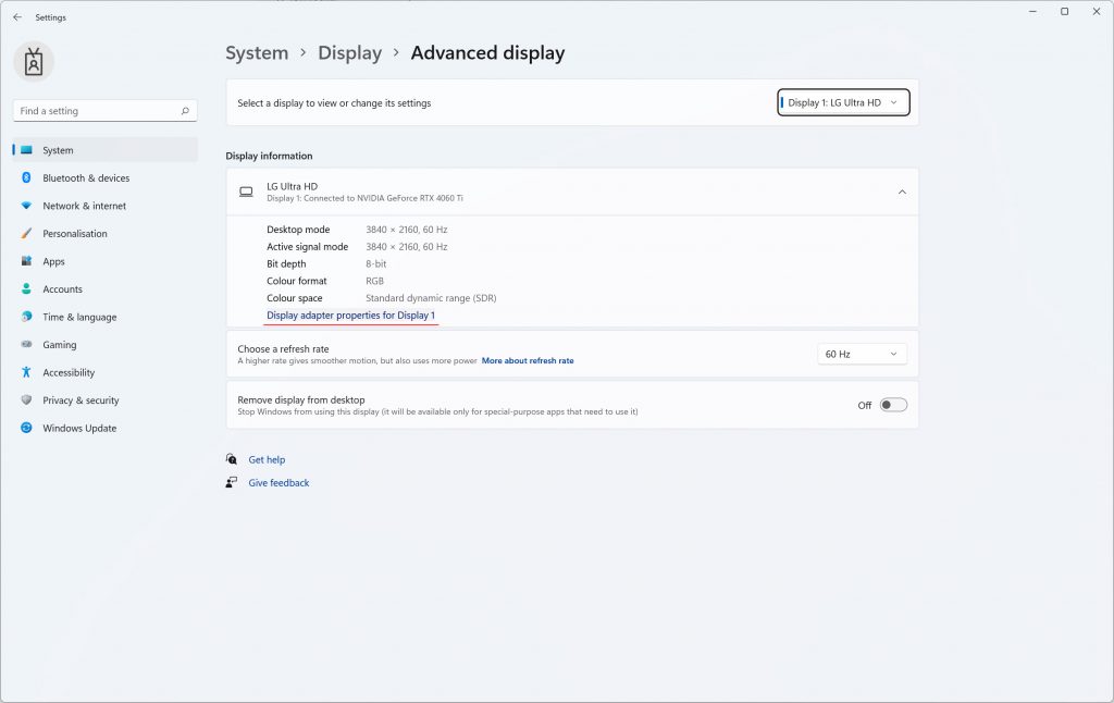 A screenshot showing how to see how much VRAM your system has. After opening the advanced display info, look for 'display adapter properties' (highlighted red above) and click it