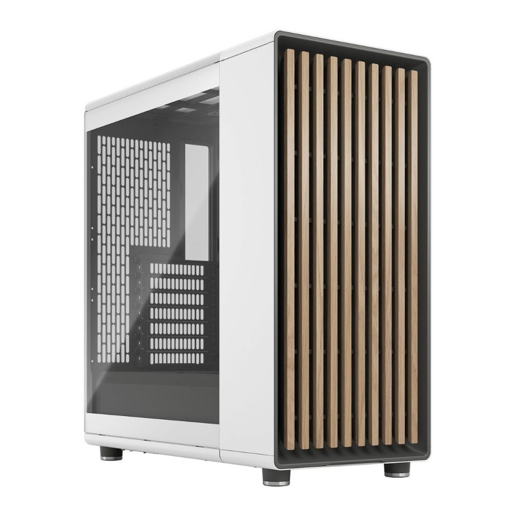 The Fractal North PC Case is a sophisticated option for a white gaming pc. Shown two thirds, face on so you can see the glass side panel and the striking front panel with 10 wooden slats running down it.