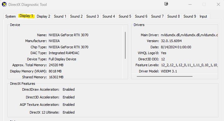 Using DirectX Diagnostic tool to check what graphics card you have