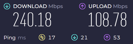 Results of an internet speed test showing download speed in mbps, upload speed in mbps and ping speed in ms