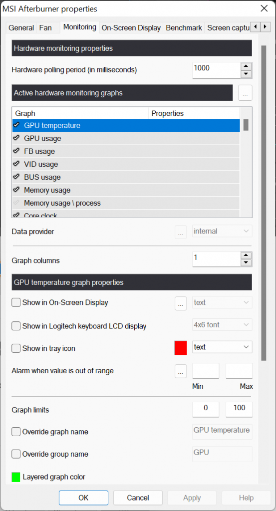 MSI afterburner settings screenshot showing the first 'properties' screen