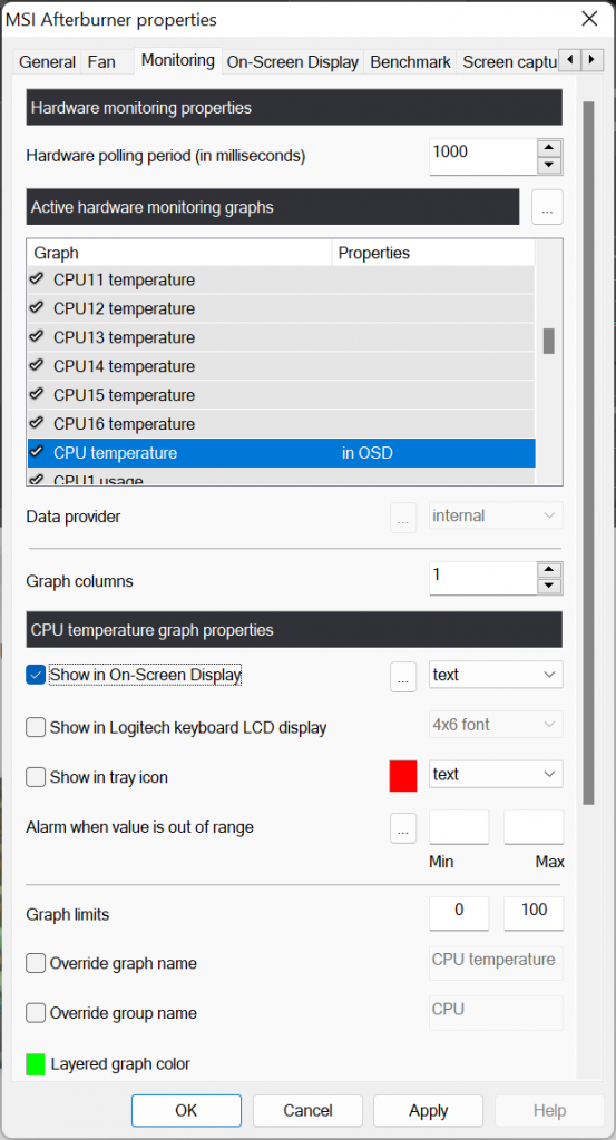 Screenshot showing how to set CPU temperature monitoring settings in MSI Afterburner