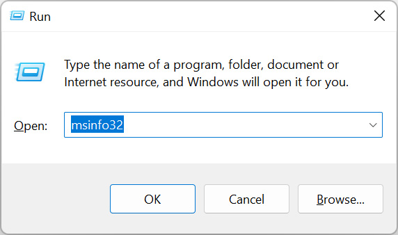 Windows 'Run' dialogue window with 'msinfo32' typed in the dialogue box