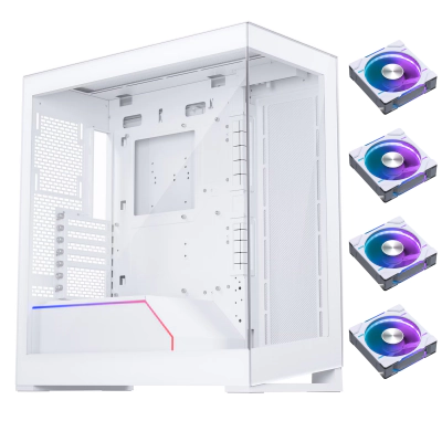 The Phanteks NV5 PC case in white is a premium all white gaming pc case, shown side on but angled so you can see the glass panels wrap around the front and side. The PSU cover is distinguished with an angular rgb strip