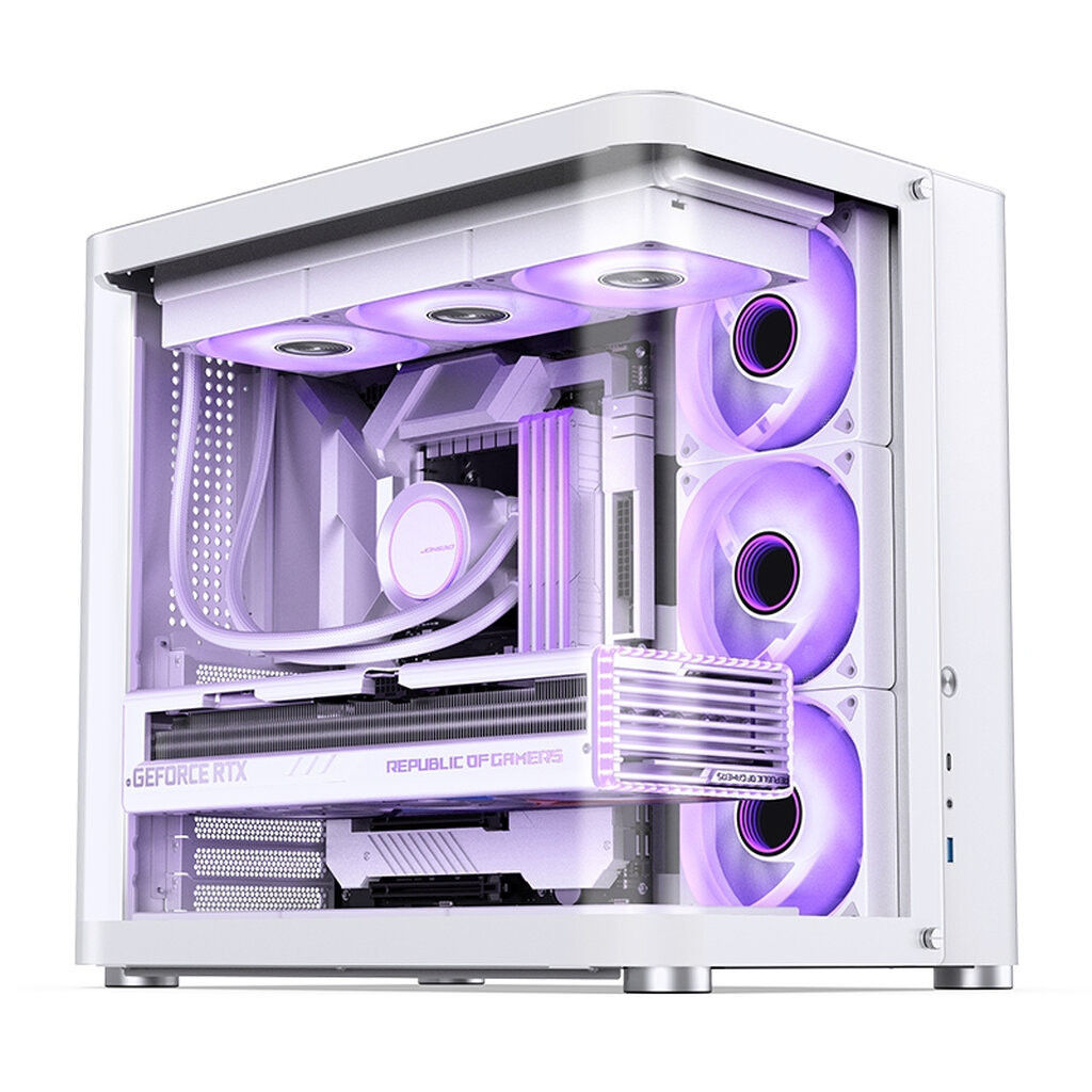 The Jonsbo TK- 2.0 PC Case is a striking design for an all white gaming pc, perfect for showing off your white components. The case is shown side on but at an angle to show that the innovative, dual-bend glass panel wraps around the side and front, giving a full panoramic view of the components inside