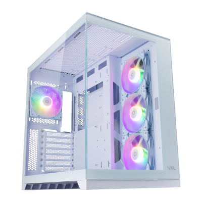 The Tecware VXL Evo dual chamber PC is an affordable but premium looking option for an all white gaming PC build. The case is shown at a two-thirds angle which highlights the glass panels on the front and side