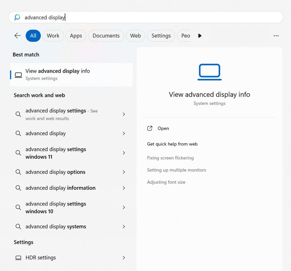 A screenshot showing how to find how much VRAM your system has. Type 'advanced display' in the search bar and select 'view advanced display info'