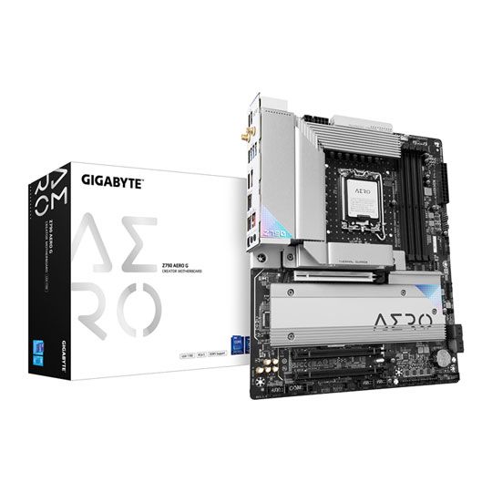 The Gigabyte Z790 Aero G DDR5 Motherboard, shown in the image in front of its box, is a premium board, packed with features to power your all white gaming pc